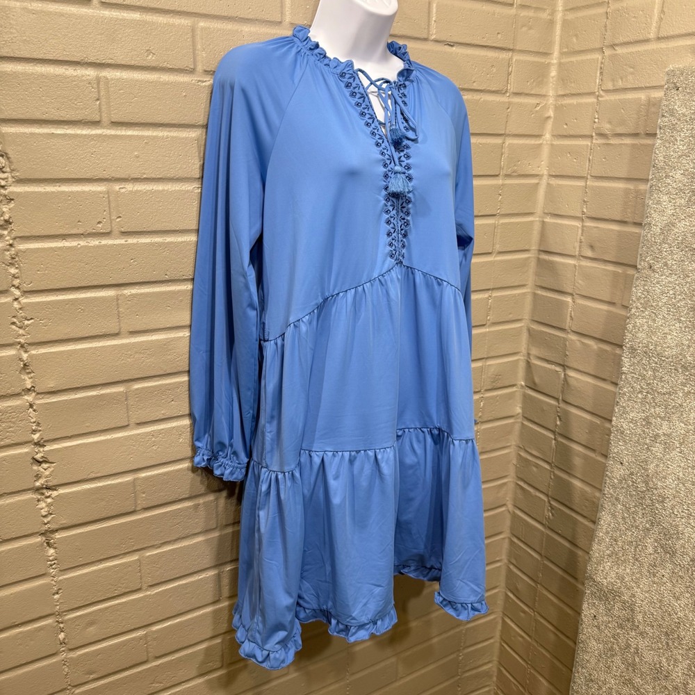 Cabana Life Periwinkle Blue Tiered Ruffle Dress Embroidered UPF 50+ M Coastal - Picture 4 of 16